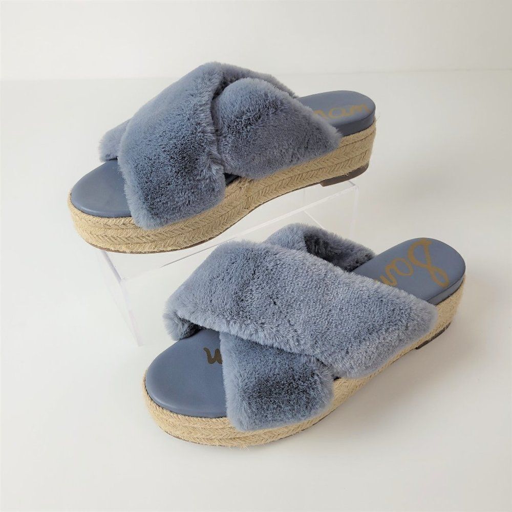 Sam Edelman Sandals Womens 8.5 Blue Faux Fur Zia Platform Espadrille Slip On
